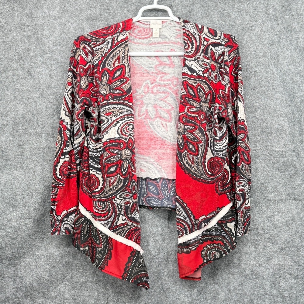 Chicos Paisley Swirl Priya Cardigan Open Front Sweater Sheer Chiffon‎ Hem XL